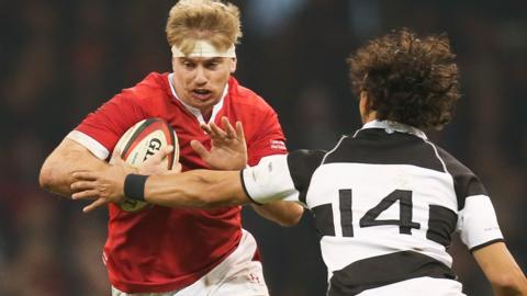Aaron Wainwright playing for Wales against Barbarians