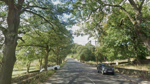 A Google Maps screenshot of Saddleworth Road in Greetland, a rural road with two carriageways.