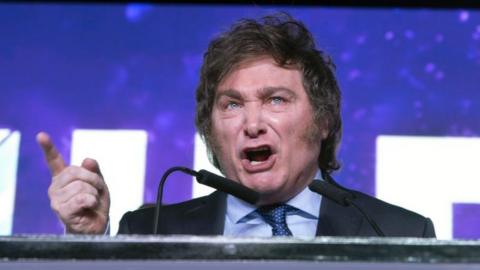 Javier Milei speaks during a rally following the results of the primaries, in Buenos Aires, Argentina, 14 August 2023.