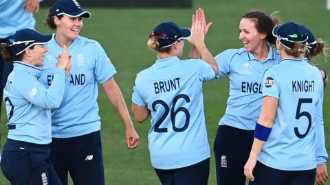 England women celebrate a wicket in their World Cup semi-final against South Africa