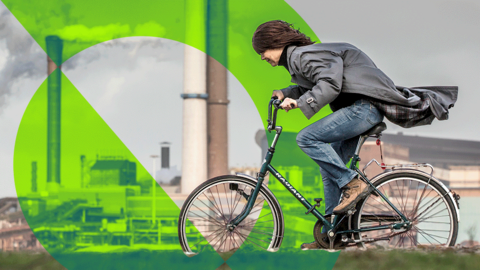 Promotional image with person cycling, a power station in background, and green semicircle