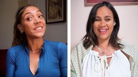 Splitscreen of Miquita and Zawe smiling while chatting on the Miss Me? podcast