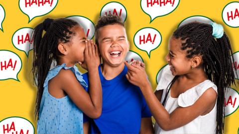 A girl laughs as she holds a hand up to whisper in a boys ear on the left. He is laughing too. So is the girl looking at them both on the right. 