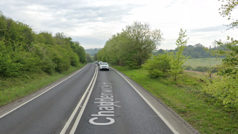 A two-lane road with cars driving on it with trees and bushes along both sides.