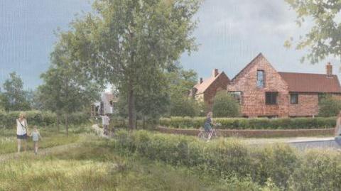 An artist's impression of the site shows new homes and paths and trees