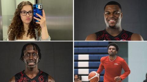 (Clockwise from top left) Eva Darold-Tchikaya looking at her phone in front of her face, TJ Hibbert in his basketball top for a team portrait, Makyle Bayley in red clothing bouncing a basketball on court, and Daljang Wol, also in his basketball kit in a team portrait