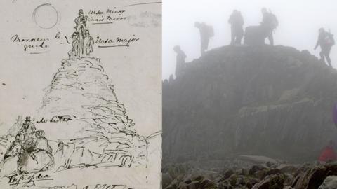 Darlun o ymwelwyr ar gopa'r Wyddfa, a ffotograff o gerddwyr ar gopa'r mynydd