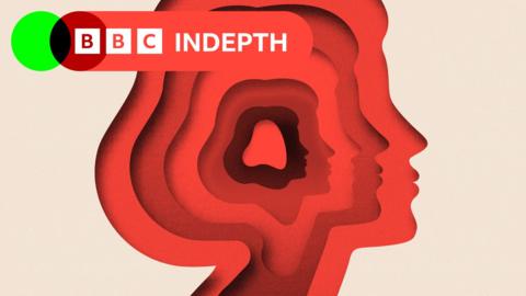 A paper cut-out showing a woman's head shrinking within larger cut-outs