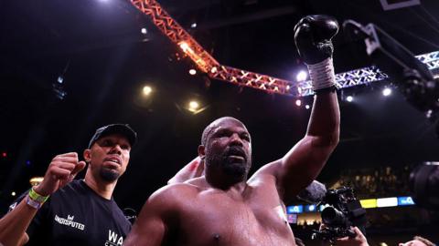 Derek Chisora celebrates after the Heavyweight fight with Deontay Wilder 