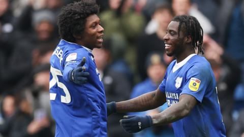 Cardiff celebrate their second goal against Bristol City