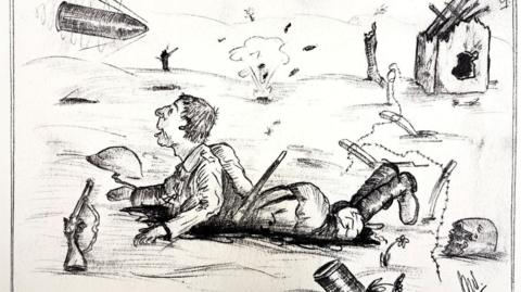 A black and white sketch showing a soldier lying on his front in no-man's land, his helmet and rifle on the ground, as a shell flies over his head