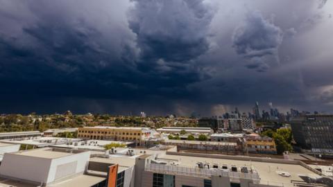 A dark sky as severe weather passes over the city of Melbourne