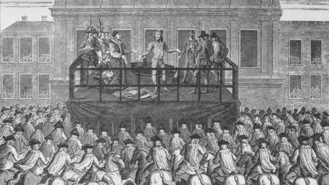 A black and white drawing showing King Charles I on a platform in the centre before his execution with mounted men in the foreground watching