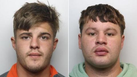 Side by side of mugshots of two men with straight brown hair, brown eyes, both wearing hoodies 