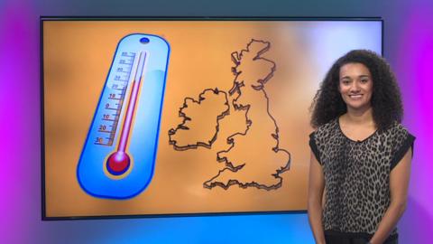 Nina Blissett next to a picture of a UK map and thermometer. 