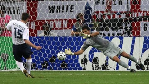 Jamie Carragher's penalty is saved by Ricardo