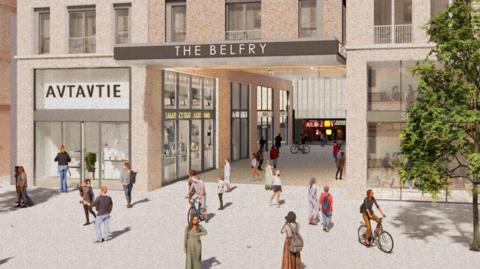A CGI image of the proposed Belfry Shopping Centre in Redhill, Surrey. The image shows a mock up version of the centre with patrons walking around outside.