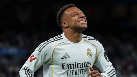 Kylian Mbappe reacts to missing a chance for Real Madrid