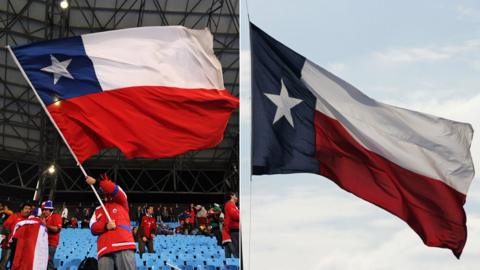 A man waves a Chilean flag on the left and a Texas flag flies in the wind on the right