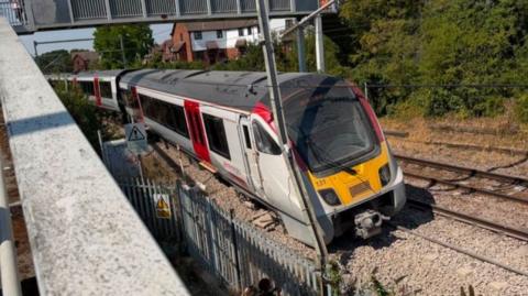 An image of a train derailed on tracks in Wickford, Essex.