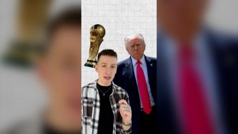 A reporter pasted onto an image with Donald Trump on the right and the World Cup trophy on the left.