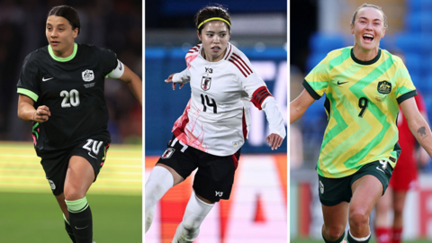 Sam Kerr of Australia, Yui Hasegawa of Japan and Caitlin Foord of Australia