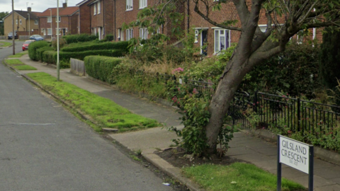 A picture of the junction into Gilsland Crescent with a street sign in the bottom right. A tree can be seen growing outside a row of houses.