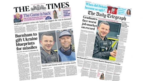 The headline on the front page of the Times reads: “Burnham to gift Ukraine blueprints for missiles”. The headline on the front page of the Daily Telegraph reads: “Graduates face worst job market on record”.