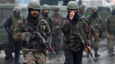 Indian security forces at the site of the attack