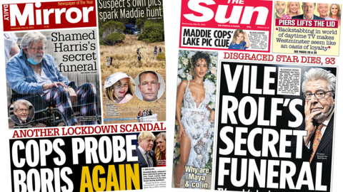 The headline in the Mirror reads, "Cops probe Boris again", while the headline in the Sun reads, "Vile Rolf's secret funeral"