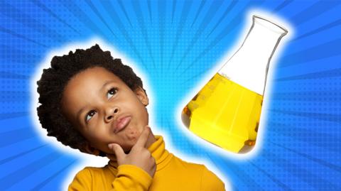 Child looking curious, next to beaker of yellow fluid