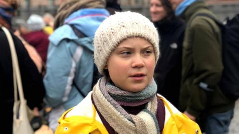 Greta Thunberg at a protest in front of Sweden's parliament in Stockholm on 8 March 2019