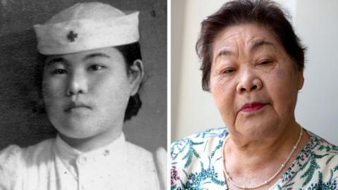 Two photos, one showing Teruko Ueno as a nurse as a young woman, and one showing her as an elderly woman