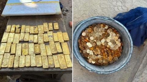 Two side by side images showing gold bars laid out on a table in one and gold coins in a bucket in the other.