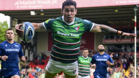 Try celebrations for Izaia Perese of Leicester Tigers as he goes over for a try