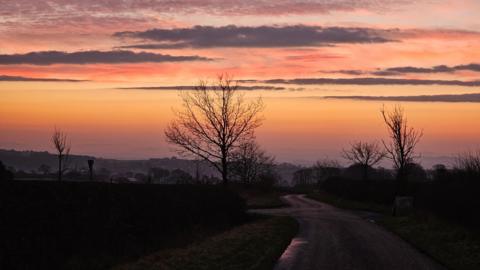 A sunset sky in shades of pink, red and orange with dark grey clouds. A skyline of trees and hills is in silhouette against the sky, and in the foreground a road winds towards the horizon.