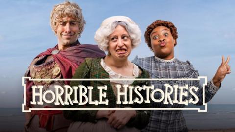 Horrible Histories characters in historic costumes such as a Roman emperor.