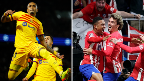 Barcelona and Atletico Madrid players celebrate goals in the Champions League
