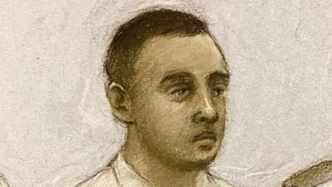 An artist's sketch of Nasen Saadi in the courtroom, showing his short, dark hair and a thin moustache