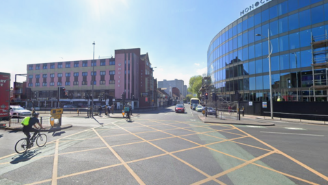 The Ferensway and Anlaby Road junction. The sky is blue