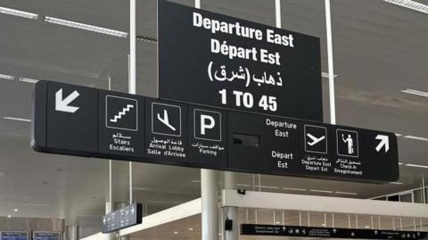 A departure sign at Beirut-Rafik Hariri International Airport, 3 October