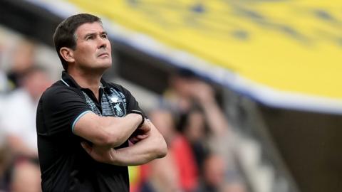 Mansfield boss Nigel Clough on the touchline at Wembley