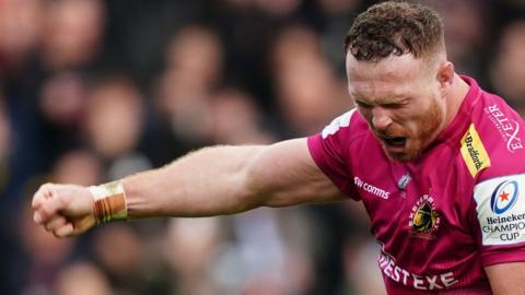 Exeter's Sam Simmonds celebrates his try against Stormers