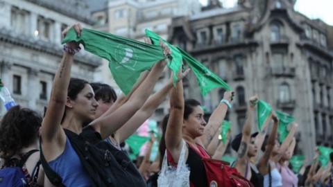 People participate in a rally on the occasion of the first anniversary of the "panuelazo" (protest with handkerchief) for the legalisation of abortion, in Buenos Aires, Argentina, 19 February 2019.