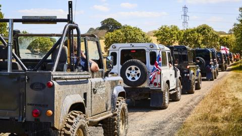 Parade of Land Rovers and Range Rovers at the Billing Off Road Show near Northampton.
