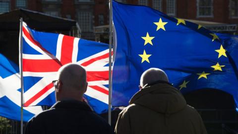 Anti-Brexit campaigners wave Union and European Union flags outside the Houses of Parliament