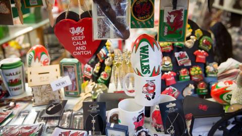 Welsh merchandise is displayed for sale in the market in Aberdare