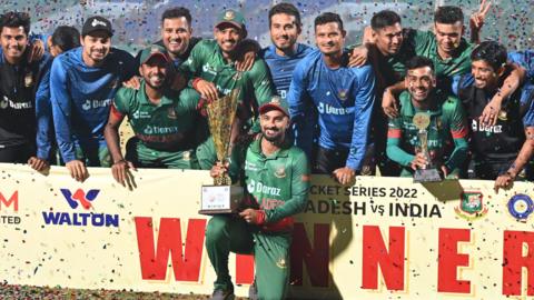Bangladesh with the ODI series trophy