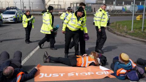 Protesters outside Kingsbury fuel terminal