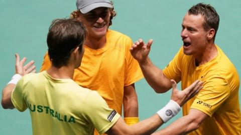 Matthew Ebden and Max Purcell celebrate Australia's Davis Cup win over France